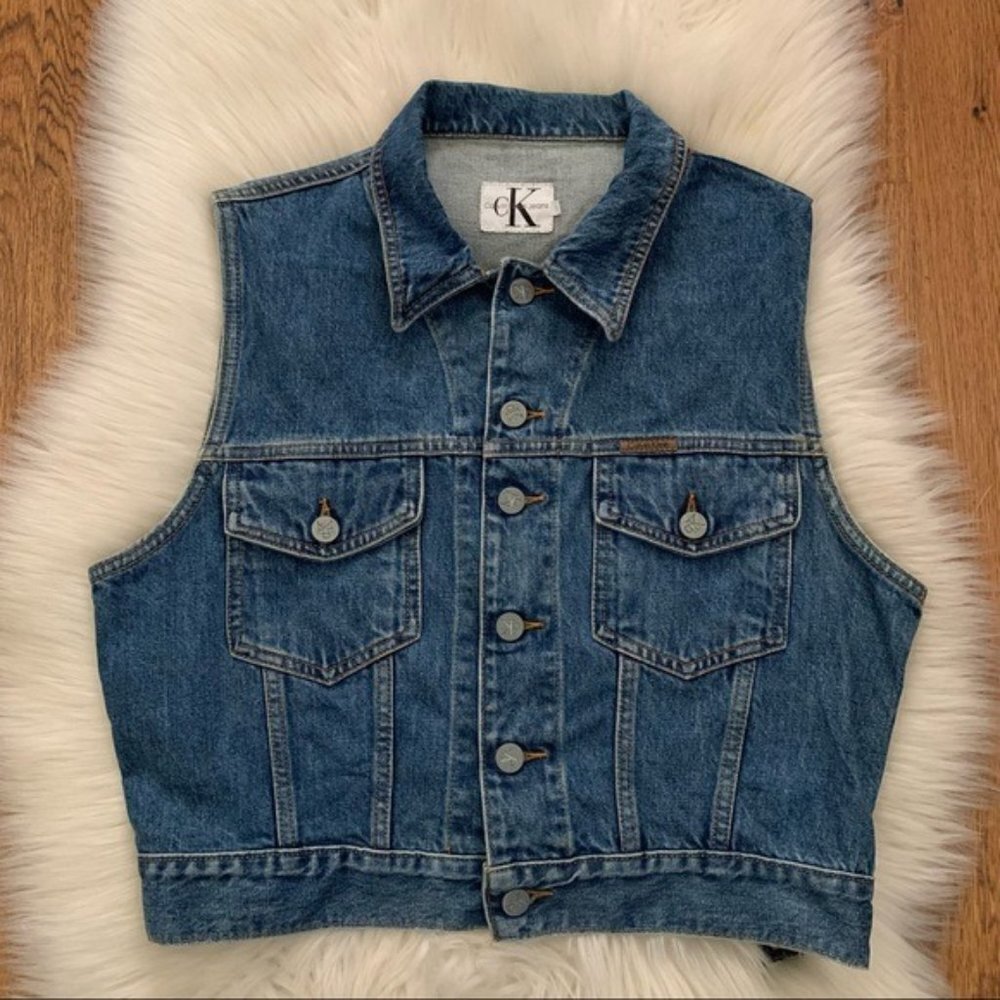 Vintage Calvin Klein Blue Denim Jean Front Buttons Vest Large Made in USA